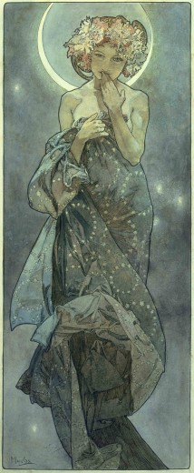 A bare-shouldered woman with a flower wreath and a moon halo holds her hand to her mouth and a piece of blue fabric with garlands of stars to her chest