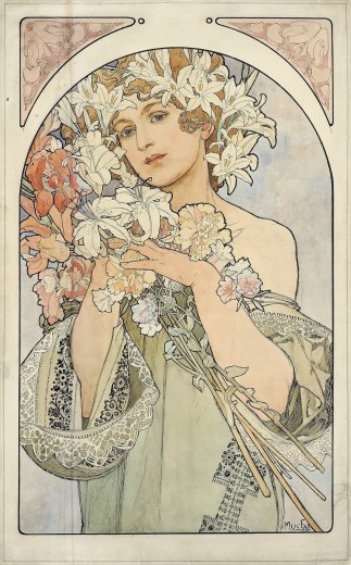 A woman with bare shoulders with white lilies in her hair looks out to the left of the frame with a large bouquet of flowers in her arms
