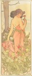 A full-length female figure with dark hair and a shoulderless pink dress stands side-on with her head turned towards the viewer; in her right hand she holds a carnation and she leans her left hand on the roots of a tree behind; pink, white and yellow carnations grow at her feet