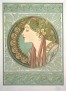 The head and shoulders of a woman seen in profile with laurel leaves in her fair hair held in place with a dark red braid and a decorative collar framed by a circle with a mosaic motif and and a laurel leaf border