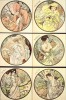 6 circular pictures with female figures set against seasonal landscapes that represent each of the months between January and June