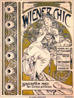 Woman in an ornate dress with flowing hair against a gold background with title 'Wiener Chic' and information on the content of the issue; decorative vertical border on the left with peacock feather motif