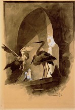 Three storks, one with its wings spread, under an arcade