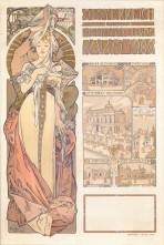 left panel: woman dressed in a long gown and a sash held up by a figure behind; right: text with drawings of Austrian buildings at the fair