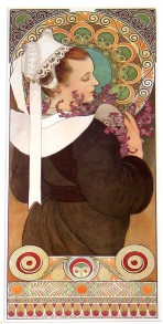 A three quarter length female figure in Breton costume seen from behind holding heather in her right hand; decorative motifs at the bottom of the composition and in a halo form around her head