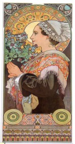 A woman in Breton costume with an embroidered shawl seen in profile holding a thistle plant; there are decorative elements at the bottom of the composition and in a halo form around the figures head