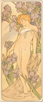 A full length female figure with fair hair and a near-transparent dress leans her head to her right and closes her eyes; she stands against a backdrop of mauve irises