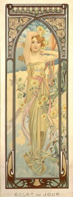 A fair haired woman in a biege strapless dress holds her right arm around her head and her left hand behind her neck; behind her is a sandly landscape; she is surrounded by large yellow daisies and is framed by an arched border with pink flowers