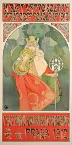 A young girl in a red cloak wearing a crown holds a staff in her left hand and 7 garlands in her right hand; behind her a green otherworldly figure holds a falcon
