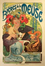 A woman with large poppies and clusters of corn in her hair and a strapless brown dress leans on a ledge holding a pitcher of beer. A hop motif sits above and below the words 'Bi&egrave;res de la Meuse' at the top of the poster. A black and white drawing of the brewery and a seated female figure feature at the bottom of the poster.