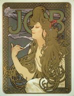 A woman with long, golden hair and closed eyes smokes a cigarette. The smoke wraps around her head. The word 'Job' sits behind her and the poster is framed with a zig zag mosaic border in gold and dark blue.