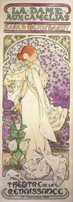 A full-length Bernhardt leans against a balustrade in a white gown with a camellia in her hair and a camellia plant at her feet. Her face is in profile and framed with silver stars against a mauve background. The words 'La Dame aux Cam&eacute;lias' and 'Sarah Bernhardt' feature at the top of the poster, and 'Th&eacute;&acirc;tre de la Renaissance' at the bottom.