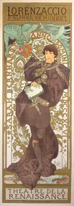 A full-length Bernhardt leans against a curved niche decorated with a foliage pattern. She has short dark hair and wears a black tunic, black stockings and a long black cape, with a dagger hanging from her belt and a book in her hand. A green dragon climbs from behind the niche. The words 'Lorenzaccio, Pi&egrave;ce en V actes et un &eacute;pilogue d'Alfred de Musset, Adaptation de M. Armand d'Artois' feature at the top of the poster, and 'Th&eacute;&acirc;tre de la Renaissance' at the bottom.