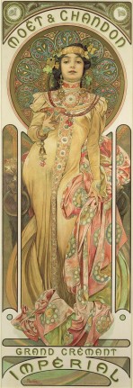 A brunette with a high-necked embroidered dress and ornate jewellery holds a glass of champagne. She is framed by a decorative halo in golds and blues and leans on a rich pink fabric which ruffles at her feet. The words 'Mo&euml;t Chandon' feature at the top of the poster, and 'Grand Cr&eacute;mant Imp&eacute;rial' at the bottom.