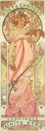 A blond girl with a pink dress and bare shoulders entwined with vines and white flowers holds a bowl of grapes in her left hand and is framed by a floral halo. The words 'Mo&euml;t Chandon' feature at the top of the poster, and 'Champagne White Star' at the bottom.