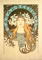 The head and shoulders of Sarah Bernhardt wearing lilies in her fair hair and an embroidered tunic, framed by a pale blue halo inscribed with her name and surrounded by golden stars.