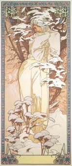 A woman wrapped in a white gown is surrounded by snow-covered branches