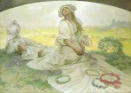 Woman in white taditional costume seated at centre of composition with head tilted back; four flower wreaths are laid in front of her on the train of her dress; there are two reclining women to her right with yellow fields beyond