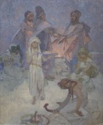 A young boy holding a garland of blue flowers stands in the centre of the composition flanked by children in classical costume playing instruments and three bearded men behind warming their hands above a fire; the composition is dominated by blue