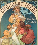 A little boy in his pyjamas and a little girl in a red dress pull at a woman holding 3 cups of steaming hot chocolate. The words 'Chocolat idéal en poudre soluble' sit at the top of the poster.