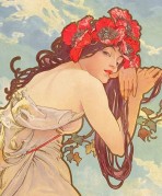 close up of female figure with bare shoulders and poppies in her hair