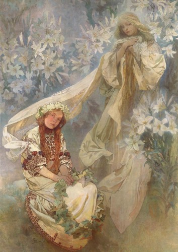 An ethereal vision of Madonna, surrounded with a mass of lilies, sits above a seated young girl in Slavic folk costume holding a wreath of ivy leaves