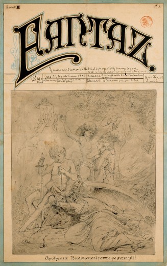 Front cover of a magazine with stylised title 'Fantaz' followed by hand-written text and a pen drawing of a classical narrative scene