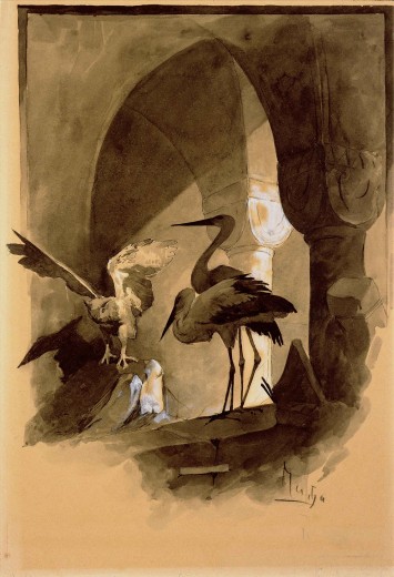 Three storks, one with its wings spread, under an arcade