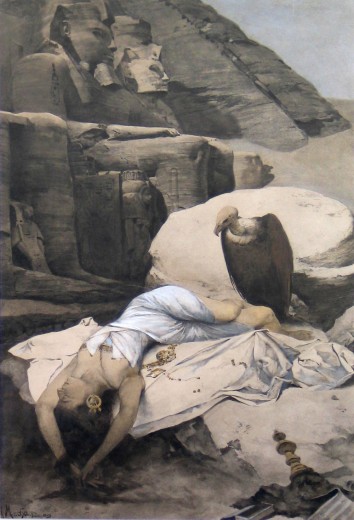 A vulture sits next to a female corpse slumped on a rock with Pharaohs carved in the rock beyond