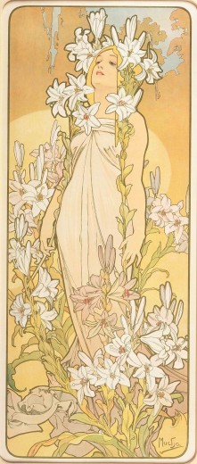A full-length female figure with long blond hair and a shoulderless white dress looks upwards; she wears lilies in her hair and is surrouded by pink and white lilies