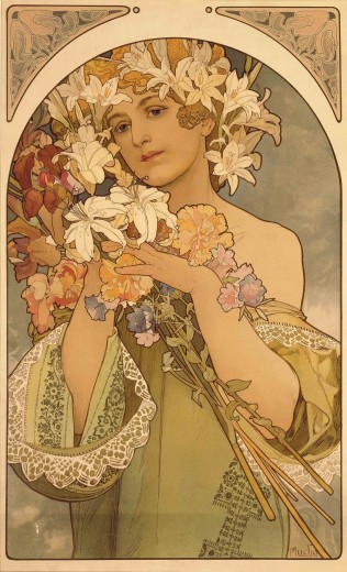 A woman with lilies in her hair, bare shoulders and a green dress with lace borders holds a large bouquet of flowers