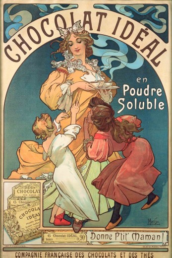 A little boy in his pyjamas and a little girl in a red dress pull at a woman holding 3 cups of steaming hot chocolate. The words 'Chocolat id&eacute;al en poudre soluble' sits at the top of the poster, and the bottom of the poster has company details and an image of the chocolate powder in its packaging.