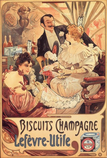 Two women and a man dressed in elegent evening wear sit drinking champagne with figures dancing in the background. The words 'Biscuits Champagne Lefèvre-Utile' feature at the bottom of the poster alongside a box of LU biscuits.