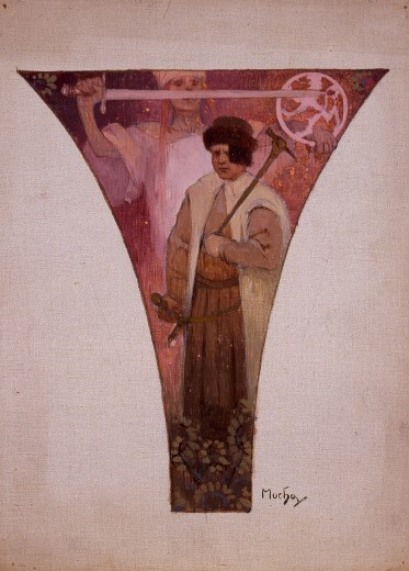 A pendentive with a male figure in work cloths holding a hammer standing in front of a woman in folk dress brandishing a sword in her right hand and the crest of Czechoslovakia in her left hand
