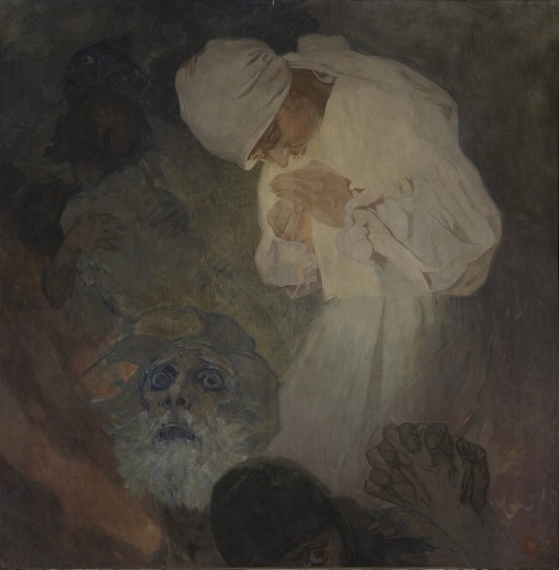 In a dark scene a woman in a white dress and headdress leans over to protect a candle in her hands; an old man in the foreground clasps the hand of a third figure with his right hand