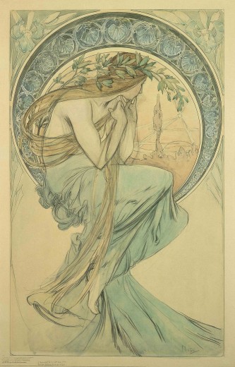 A bare shouldered woman with long fair hair and a pale blue piece of fabric wrapped around her lower body perches on and gazes through a large decorative halo