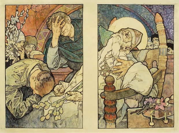 On the left panel one man bends his head over and another recoils in distress with his hand to his face with an old man and woman looking on; on the right panel an old man with a white beard, a mitre and a medallion with a cross reclines on an ornate chair with his head back and his eyes closed with an elderly couple looking on in the background
