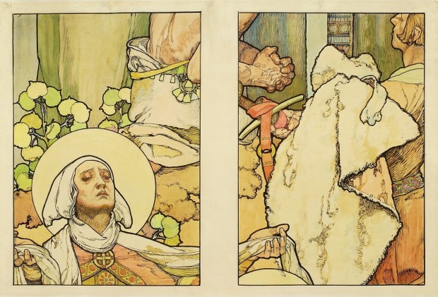 On the left panel a woman in a headdress and priestly vestments with a halo and closed eyes raises her head and holds her arms out; in the right panel a man with his back to the viewer wears a sheep skin over his left shoulder