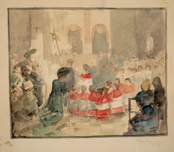 Sketch of a group of choirboys in red and white seen from behind with a congregation behind