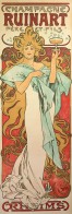 A full-length figure of a woman with stylised blond hair forming arabesques around her body wears a white dress with a pale blue shawl and holds a glass of champagne at face-level with her left hand; she stands against a red background; the text 'Champagne Ruinart P&egrave;re et fils' features at the top of the poster; 'Rheims' features at the bottom of the poster