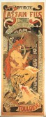 Nude female figure with long red hair sits holding a print with a pile of prints at her feet with a male figure behind working a printing press and the text 'Cassan Fils/fond&eacute;e en 1851/Impressions de luxe artistiques et commerciales/Armier du Charteru/Toulouse'