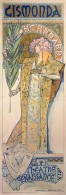 A full-length Bernhardt stands in a Byzantine gown and a floral headpiece holding a palm leaf. Her face is framed with a mosaic style halo featuring her name. The words 'Gismonda' feature at the top of the poster, and 'Th&eacute;&acirc;tre de la Renaissance' at the bottom.