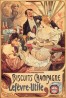 Two women and a man dressed in elegent evening wear sit drinking champagne with figures dancing in the background. The words 'Biscuits Champagne Lef&egrave;vre-Utile' feature at the bottom of the poster alongside a box of LU biscuits.