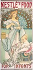 A woman with golden hair wrapped in pale blue fabric and standing in front of an ornate gold and blue mosaic niche holds a small bowl with a spoon above a baby sitting in a crib below. The words 'Nestl&eacute;'s Food' sit at the top of the poster and 'For Infants' at the bottom.