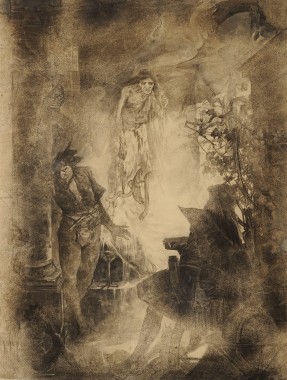 The Devil and Mr Twardowsky: study for an illustration for 'The Tale of Pan Twardowsky' A devil figure peers around a column with an aged figure behind