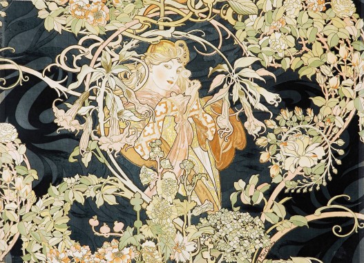 Woman with Daisies A woman in ornate robes stands amid arabesques of foliage and flowers in pale green and pink against a dark velvet blackground