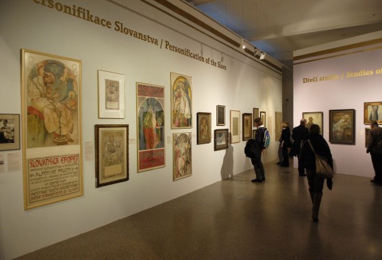 Installation view of Mucha exhibition in Brno A view of a wall with some of Mucha's well known small-scale lithographs