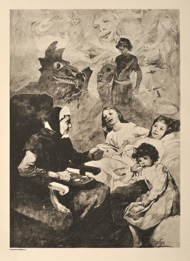 Frontispiece of 'Les Contes des Grand-Mères' An old lady sitting in an armchair surrounded by 3 girls who listen intently with fictional characters filling the background
