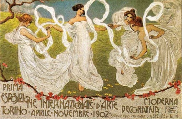 Poster for the Prima Esposizione Internazionale d'Arte Decorativa Moderna by Leonardo Bistofoli Four women in white dresses with bare shoulders hold hands as they dance around in a circle in a field with a cherry tree in blossom; the exhibition title and details are at the bottom of the poster