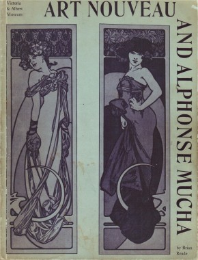 Front cover of 'Art Nouveau and Alphonse Mucha' catalogue Two of Mucha's decorative panels in black and white with the title of the exhibition running across the top and down the right side of the cover